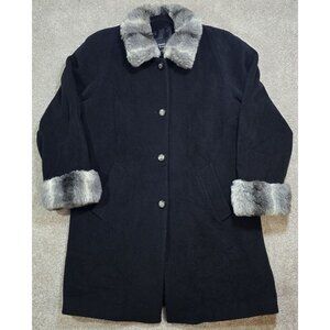 Dennis Basso Wool/Cashmere Blend Lined Button Up Coat Faux Fur Trim Women's L